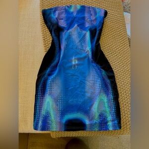White Fox Boutique Iridescent Blue and Black Strapless Dress
